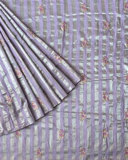 Chanderi Tissue Saree with Floral Thread Motif -  Lavender
