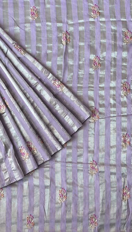 Chanderi Tissue Saree with Floral Thread Motif -  Lavender