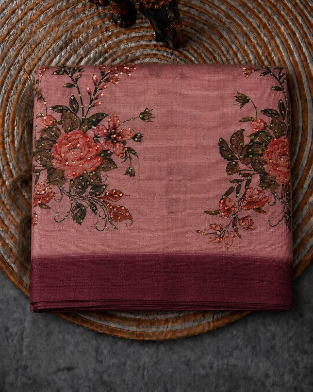 Kota Silk Saree with French Knot Work and Contrast Border  -  Light Pink
