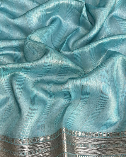 Jute Tissue Silk Saree With Floral Print and Contrast Border-  Sea Green