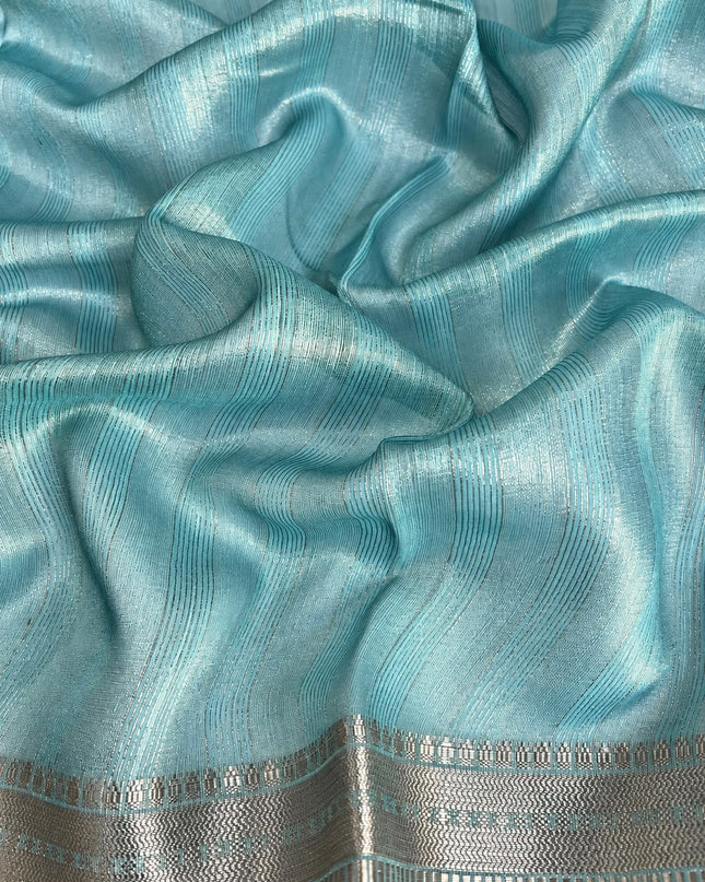 Jute Tissue Silk Saree With Floral Print and Contrast Border-  Sea Green