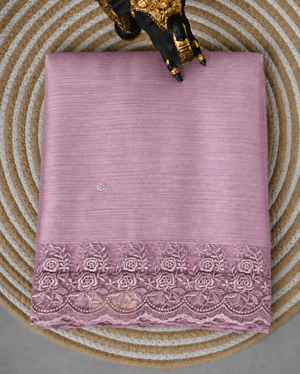 Malai Chanderi Saree with Allover small mirror work and  Thread Embroidery  Scallop Border  - Onion Pink