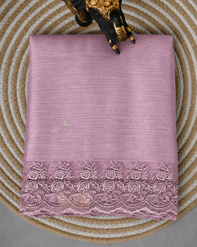 Malai Chanderi Saree with Allover small mirror work and  Thread Embroidery  Scallop Border  - Onion Pink