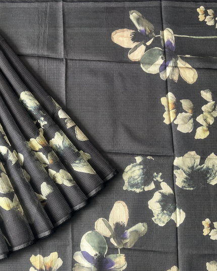 Silk Kota Saree with Floral Print and Lace  Border-Black
