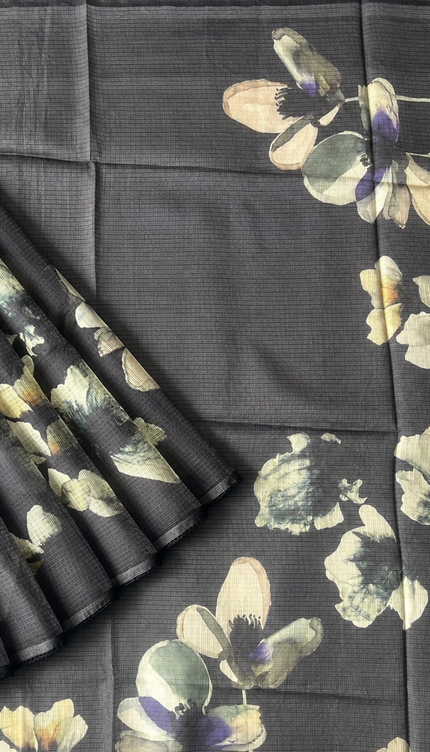 Silk Kota Saree with Floral Print and Lace  Border-Black
