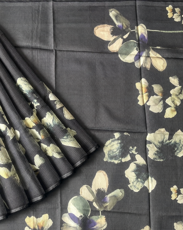 Silk Kota Saree with Floral Print and Lace  Border-Black