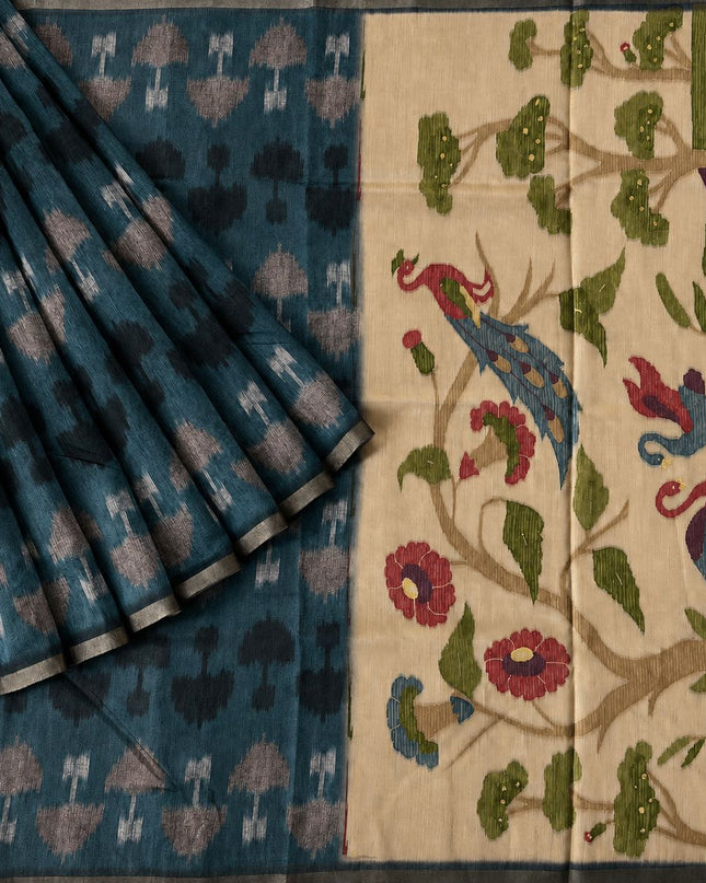 Tusser Saree With Ikkat Design and Small Golden Border- Teal Blue