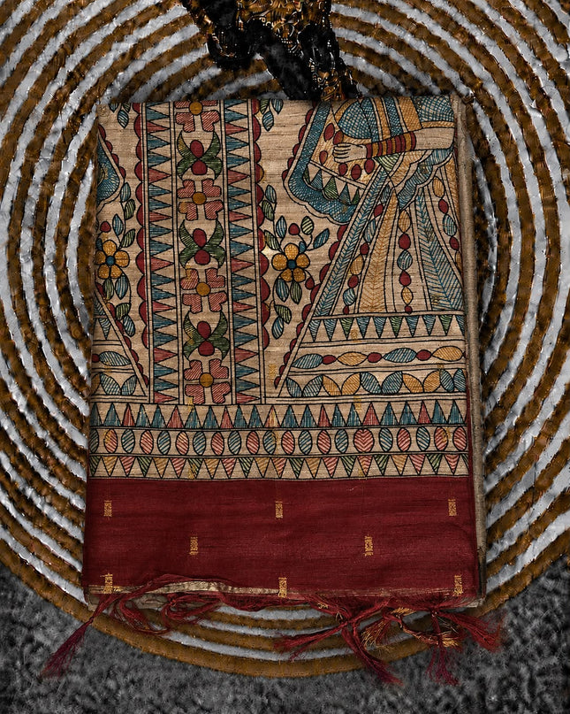 Tusser Saree With small gold Buttes with and Golden Border  - Maroon