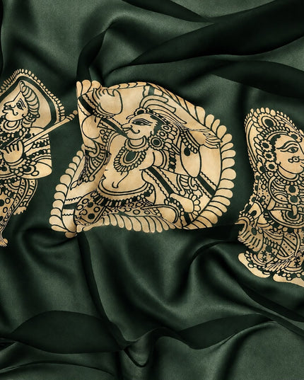Georgette Saree With Kalmkari Print and Scallop Border and Mirror Work  - Bottle Green