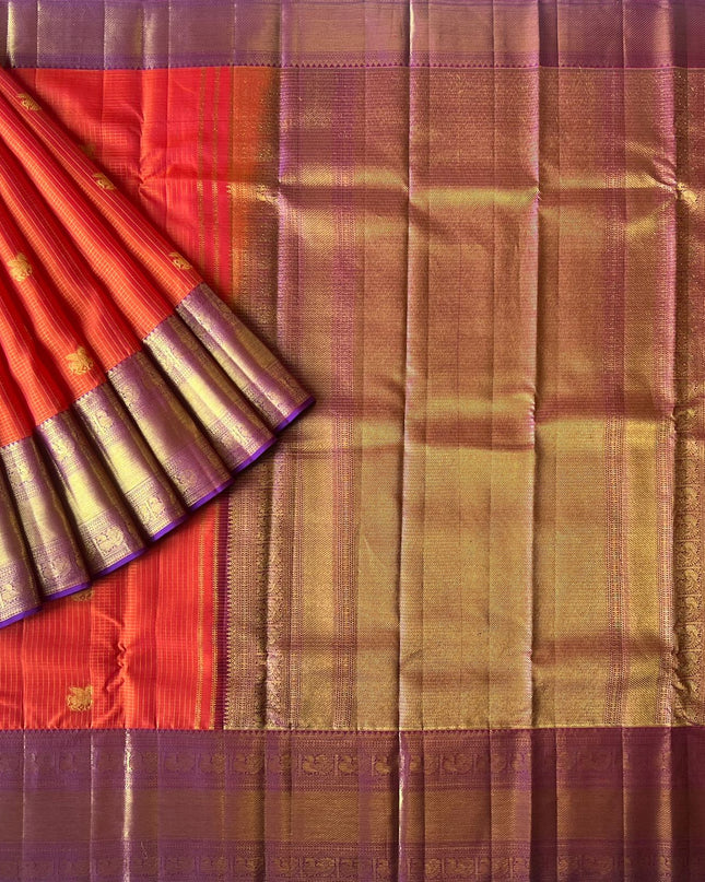 Pure Pattu Saree With Gold Cheks Weaving and  Horse Buttes and Contrast Border- Orange