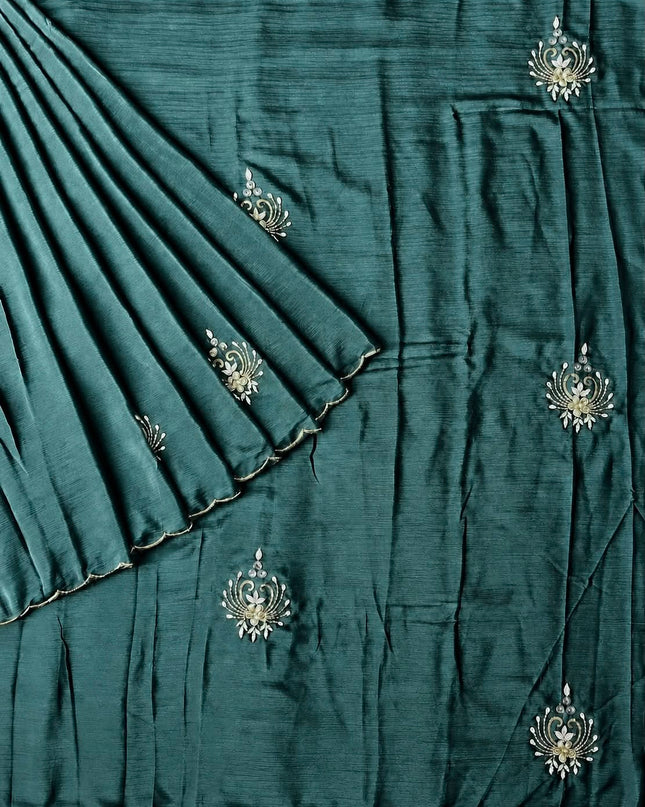 Soft Crush  Saree With Kardhana Sequences Work and Scallop Border - Rama Green