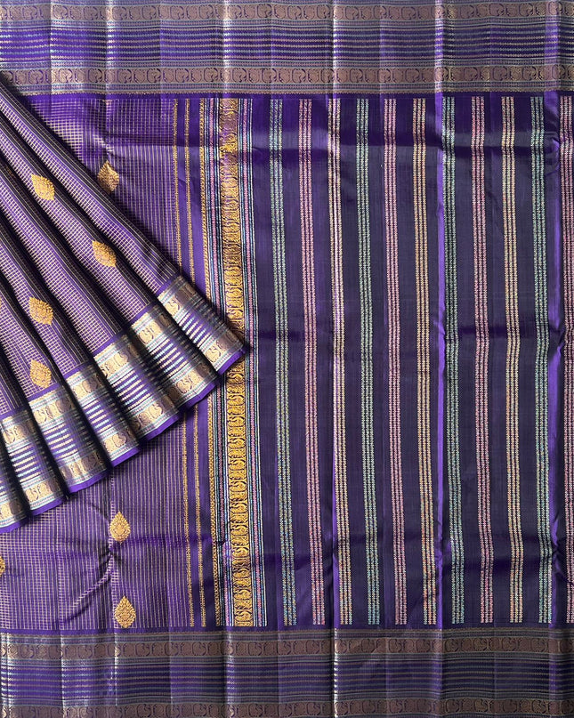 Pure Pattu Saree With Golden Check Weaving and Flower Buttes and Gap Border -Violet