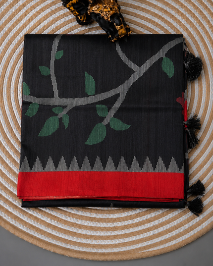 Tusser Jamdani Saree Weaving Butties  With Contrast Border-  Black