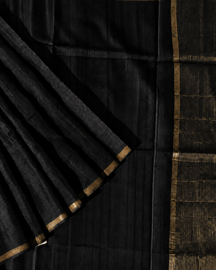 Tusser Silk Saree with Weaving Thread Stripes and  Small Golden Zari Border  -  Black