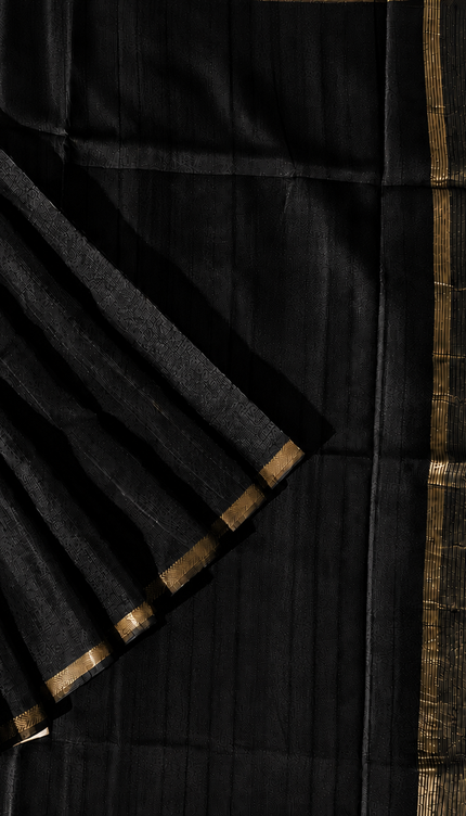 Tusser Silk Saree with Weaving Thread Stripes and  Small Golden Zari Border  -  Black