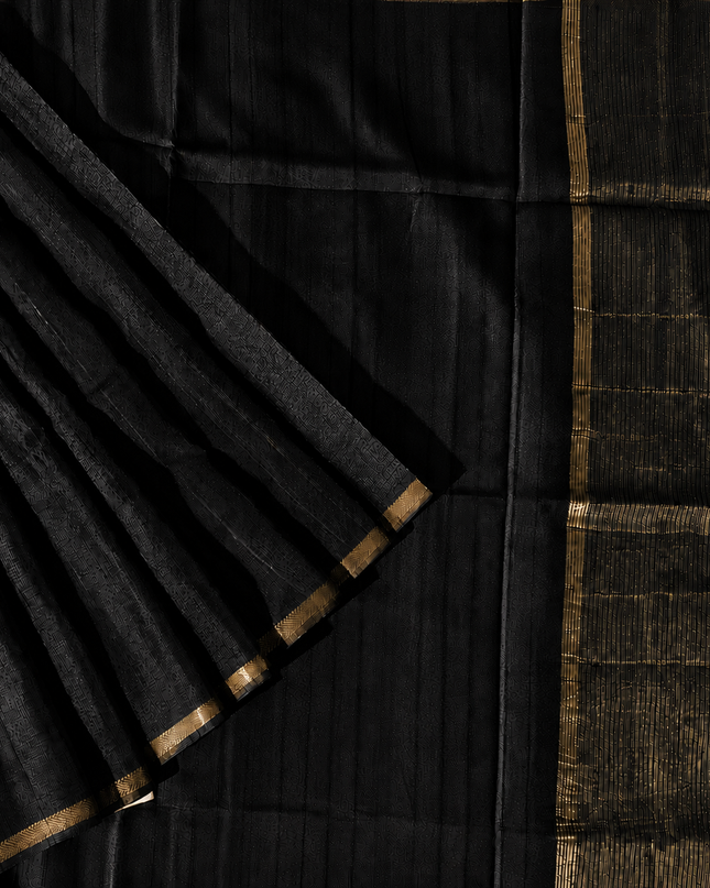Tusser Silk Saree with Weaving Thread Stripes and  Small Golden Zari Border  -  Black