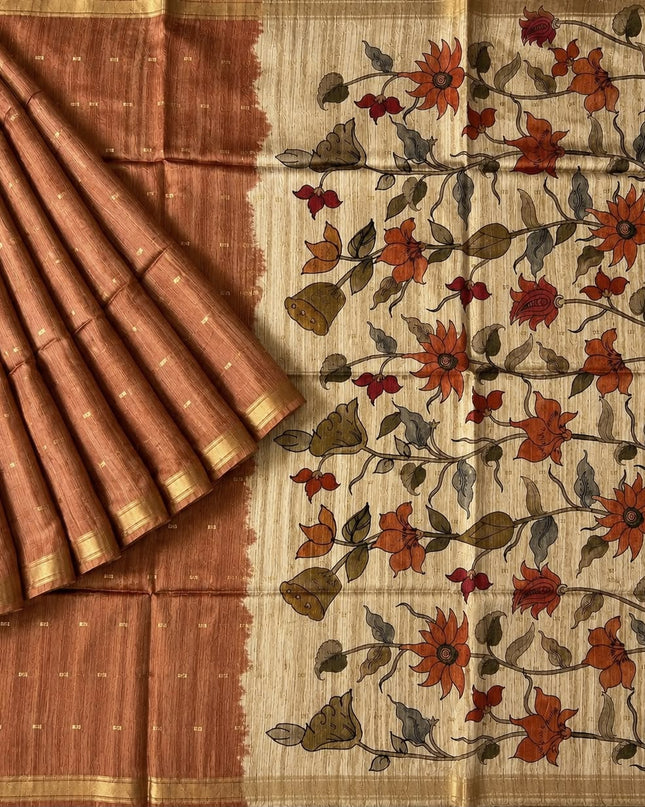 Tusser Saree With Floral Print  and small gold Buttes with and Golden Border  -  Beige