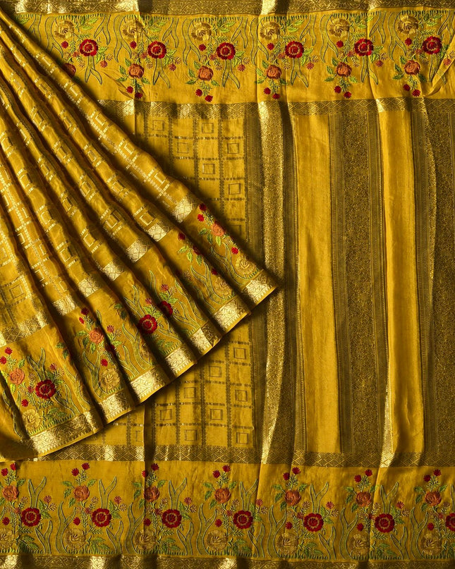 Chinon Crepe Saree With Golden Checks Design and Thread Embroidery Border - Mustard