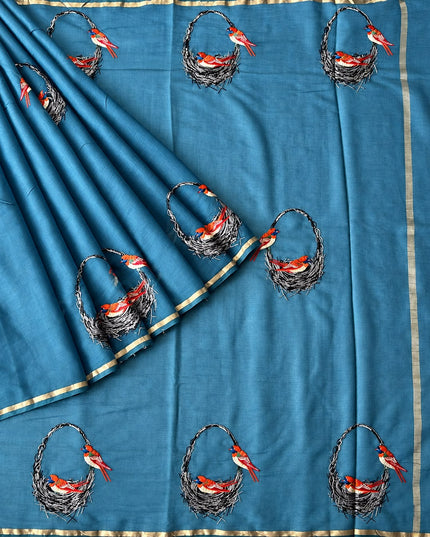 Mul Chanderi saree with thread embroidery Work and Small Border - Teal Blue