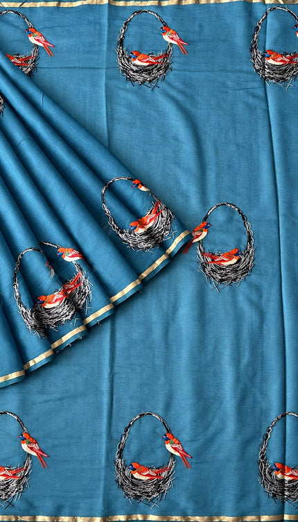 Mul Chanderi saree with thread embroidery Work and Small Border - Teal Blue
