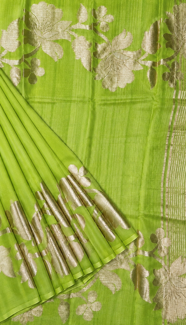 Kora Organza Saree with Jamdani Weaving and Self Border  - Green