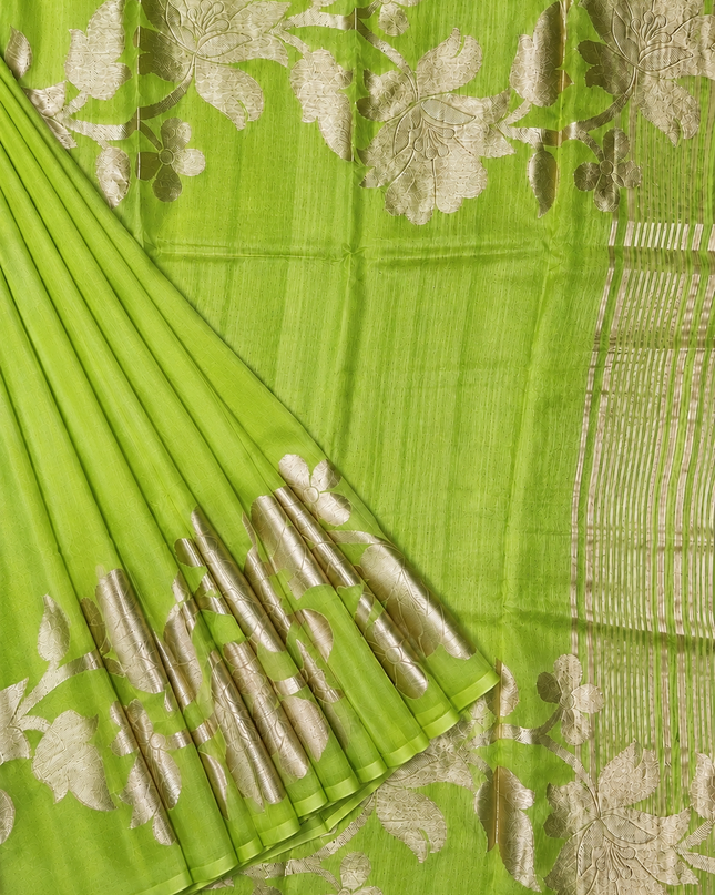 Kora Organza Saree with Jamdani Weaving and Self Border  - Green