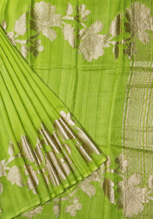 Kora Organza Saree with Jamdani Weaving and Self Border  - Green