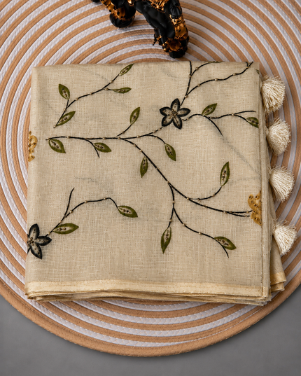 Linen Saree with Floral Print and Kardhana Work - Beige & Mustard