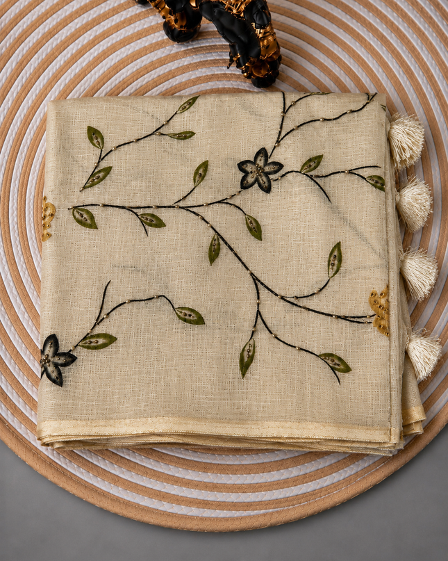 Linen Saree with Floral Print and Kardhana Work - Beige & Mustard