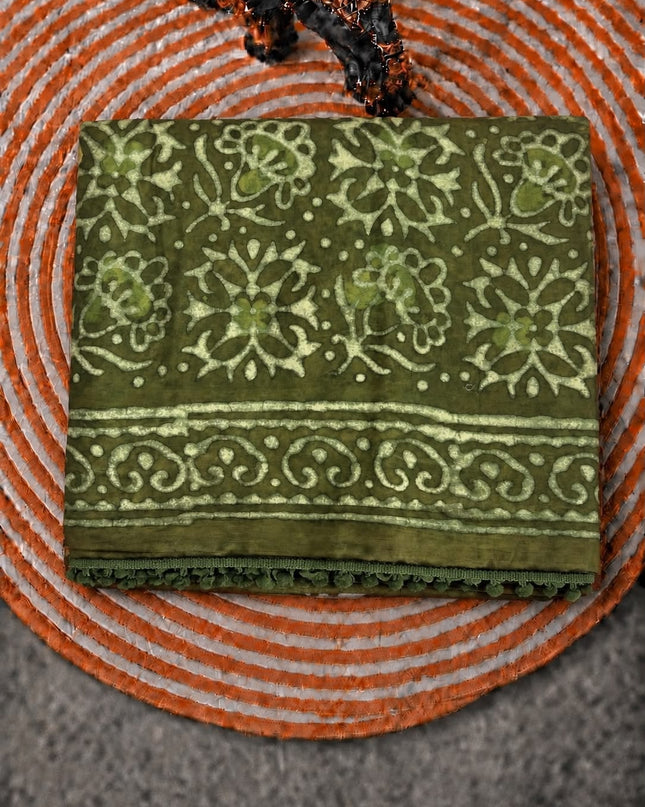 Mul Cotton Saree with Hand Block Print Border- Green