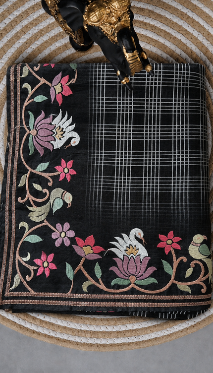Tusser Silk Saree With CHecks Design and  Thread Embroidery Border - Black