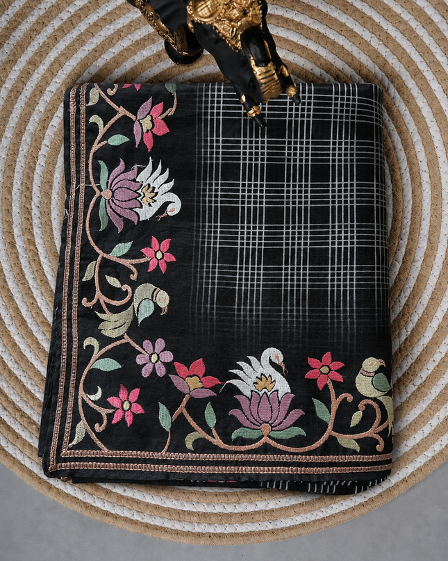 Tusser Silk Saree With CHecks Design and  Thread Embroidery Border - Black