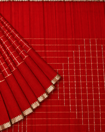 Mangaligiri Silk  Saree with  Thread  Weaving Checks Design and Golden Zari Temple  Border - Orange