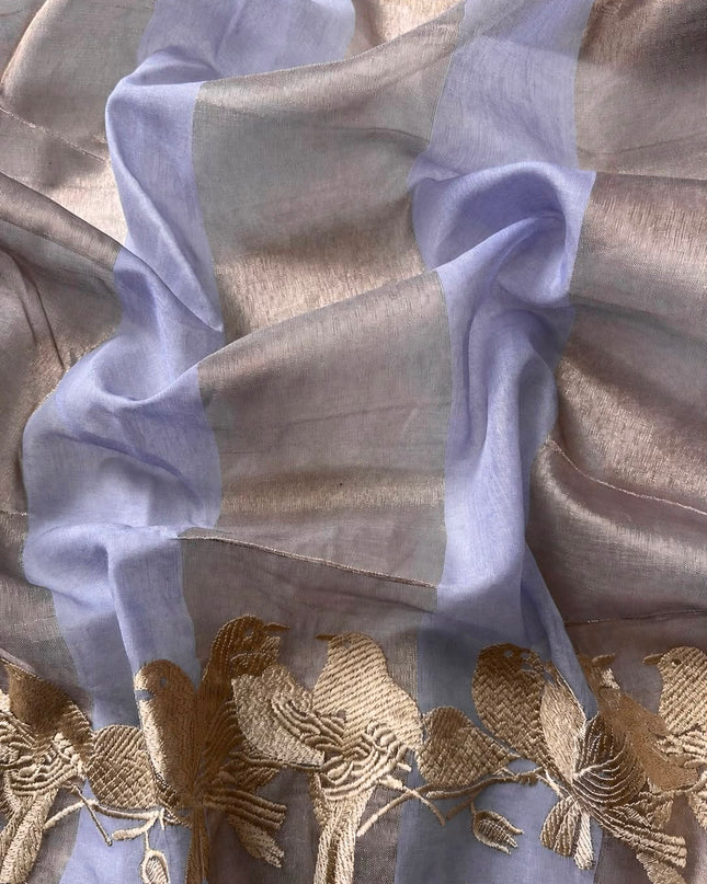 Soft Orznga  Saree With Tissue Stripes and Thread Embroidery Work Scallop Border  - Lavender