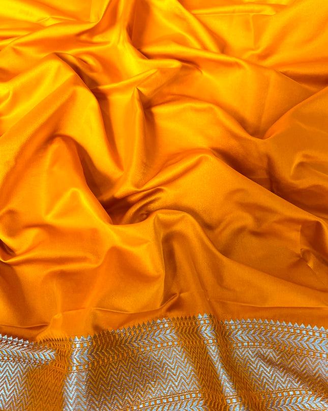 Mashru Banaras saree with Pichwai  Weaving Buttes and Kaddi Border - Mustard
