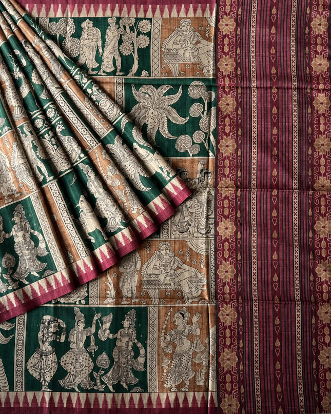 Tusser Silk Saree With Kalamkari Print and Contrast Border- Green