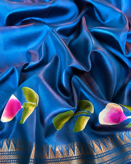 Pure Silk Saree With All Over Hand Painting  and Temple  Border -Rust Orange
