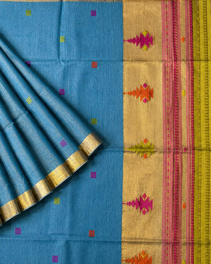 Tusser Silk Saree  With Thread Weaving Butties  With Golden Border- Light Blue