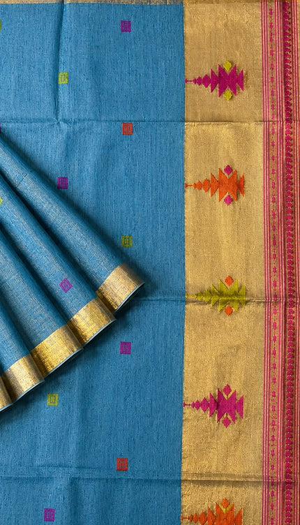 Tusser Silk Saree  With Thread Weaving Butties  With Golden Border- Light Blue