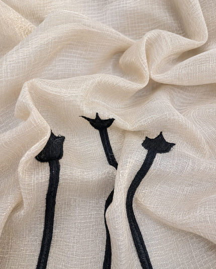 Crush Tissue Saree with  Applique work and Scallop Border -  Cream