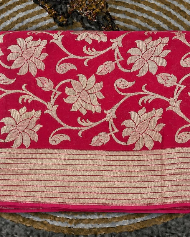 Kaddi Georgette saree with Allover Gold Zari Leaf Jall Design Kaddi Border- Pink