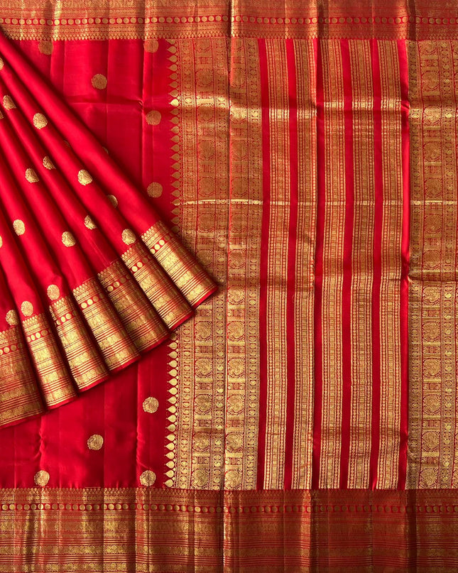 Pure Pattu Saree With Gold Peacock Buttes and Golden Border-  Red