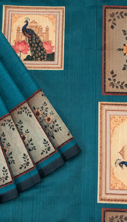 Tusser Silk Saree with Floral Print  contrast Border  - Rama Green