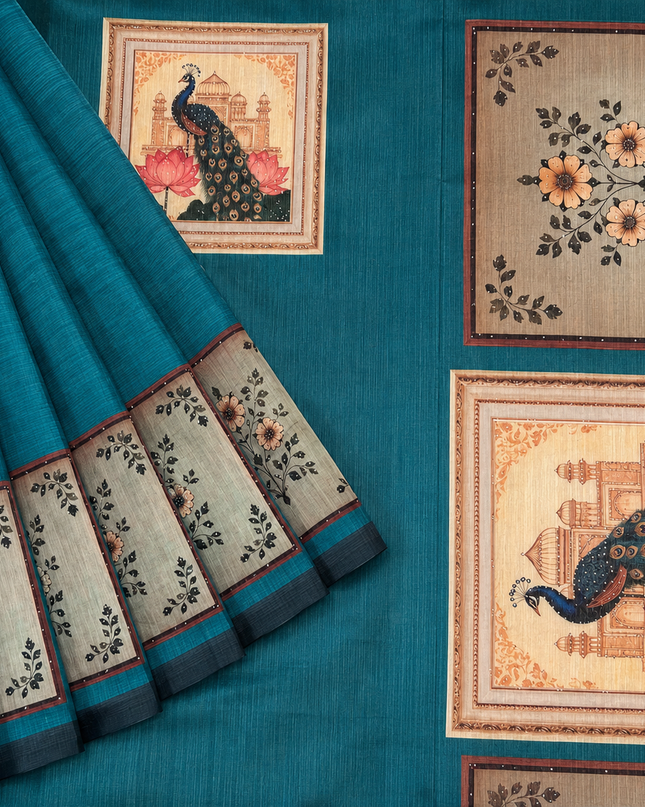 Tusser Silk Saree with Floral Print  contrast Border  - Rama Green