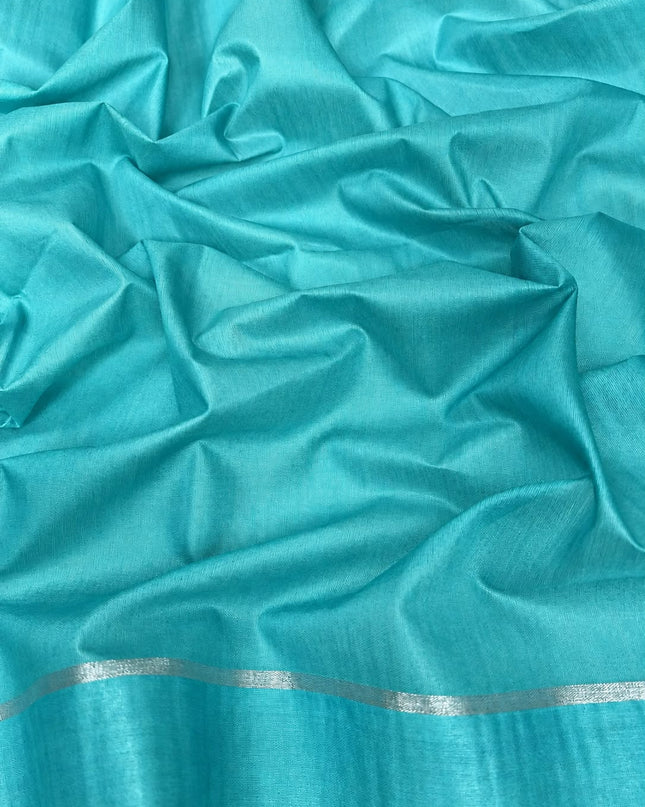 Chanderi Saree with Self Weaving  Lines contrast Border -  Mehandi Green & Sky Blue
