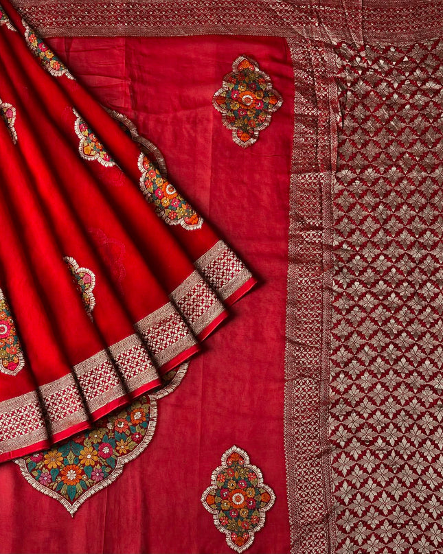 Georgette Saree with Meena Kari Weaving kaddi Border - Red