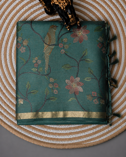 Chanderi Saree with Thread Embroidery Work and Contrast  Border-  Light Blue