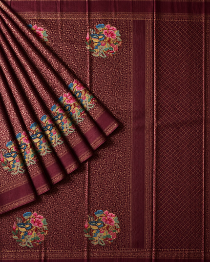 Banaras saree Self Weaving  Floral Butties  and Kaddi Border - Maroon