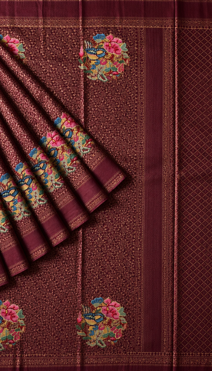 Banaras saree Self Weaving  Floral Butties  and Kaddi Border - Maroon