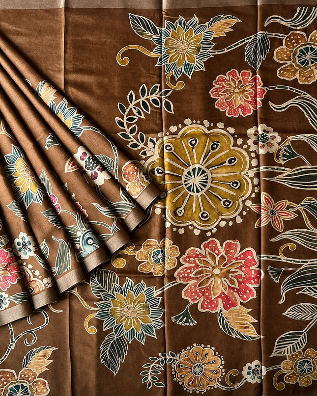 Tusser Silk Saree With Floral Print and Contrast Border- Brown